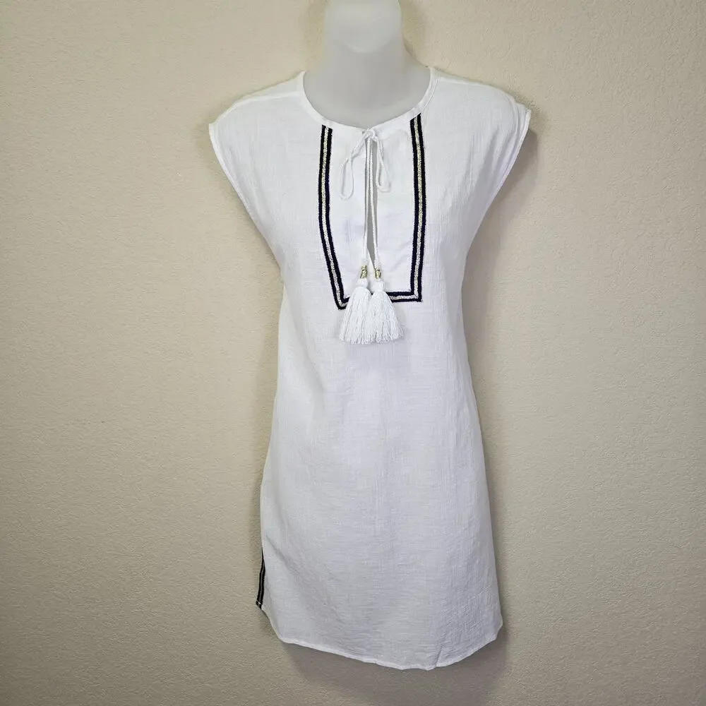 J.Crew Womens S Coverup White Sleeveless Tassel Beach Tunic C4368 Resort Cotton